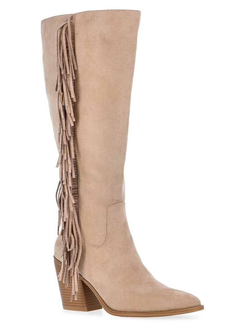 Time And Tru Women's Faux Suede Tall Fringe Boots | Walmart (US)