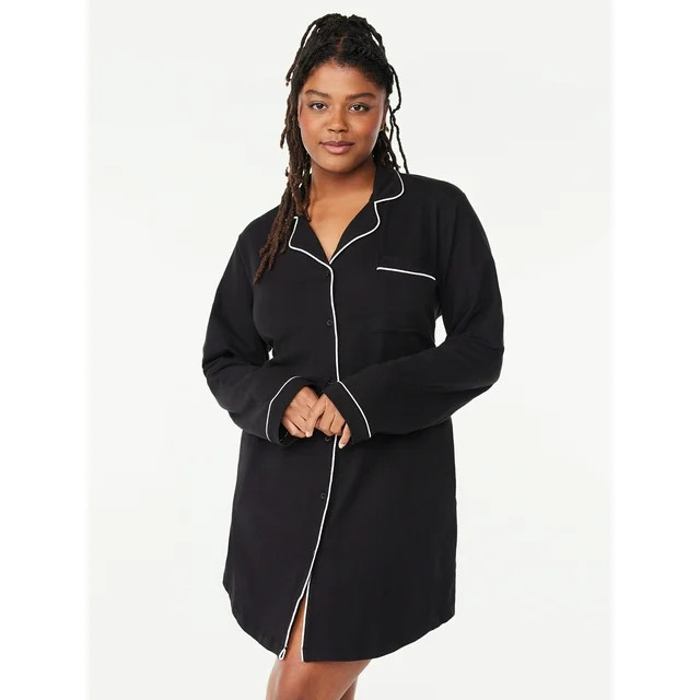 Joyspun Women’s Cotton Blend Long Sleeve Notch Collar Sleepshirt, Sizes S to 4X - Walmart.com | Walmart (US)