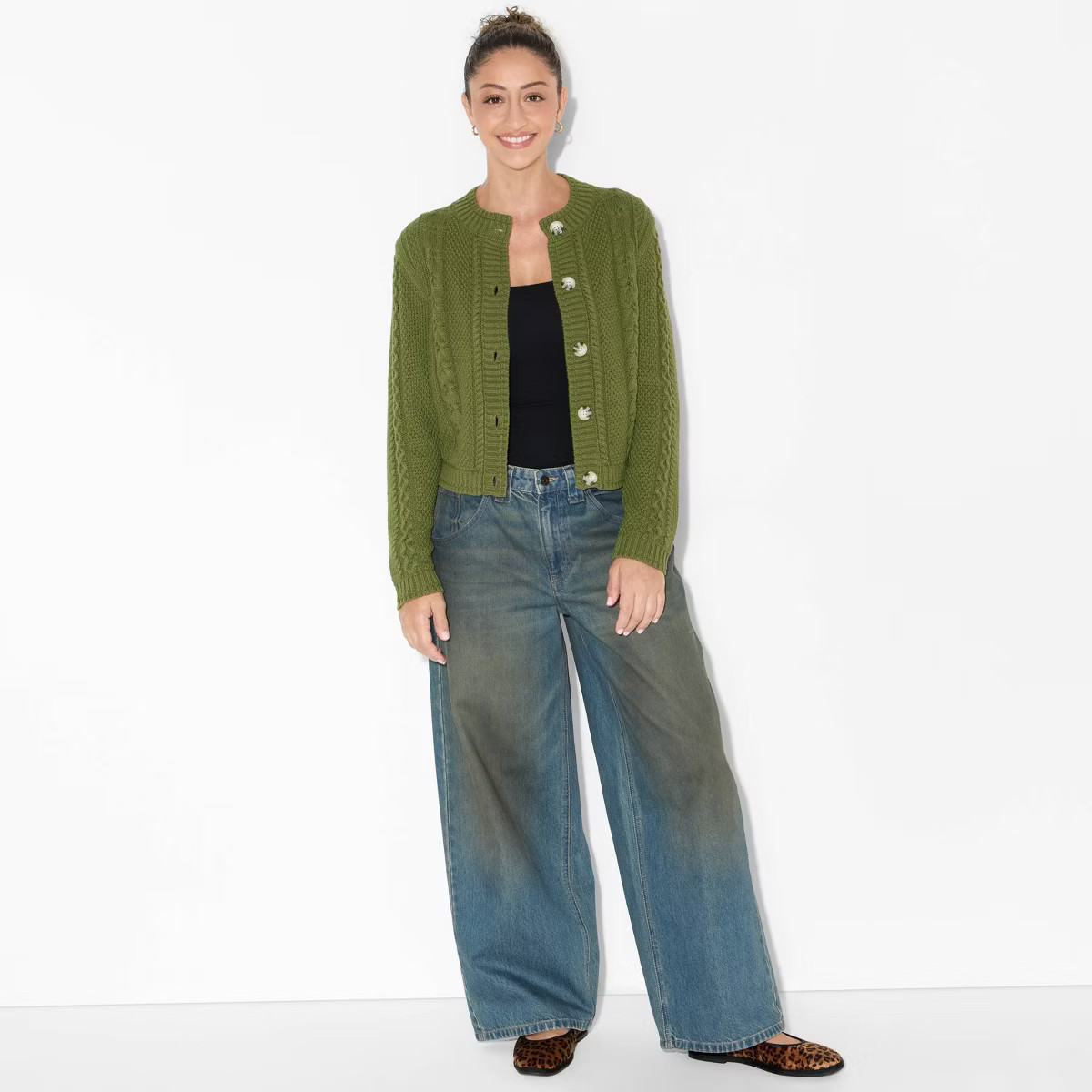 Women's Crewneck Heritage Cable Cardigan - Wild Fable™ Dark Green L | Target