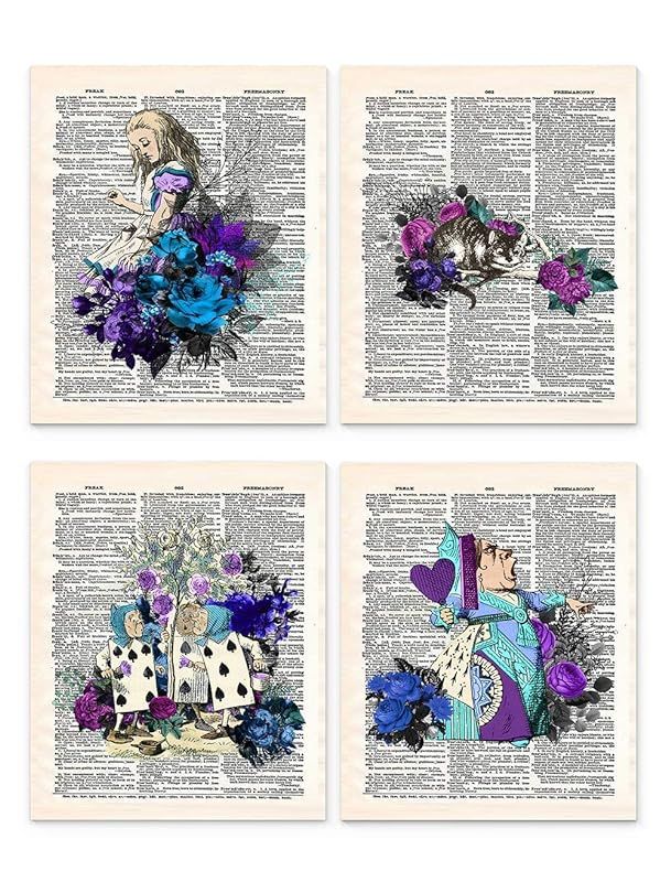 Alice in Wonderland Wall Art, 8x10 Set of 4 UnFramed Decor Prints in Blue Tones. Upcycled Vintage... | Amazon (US)