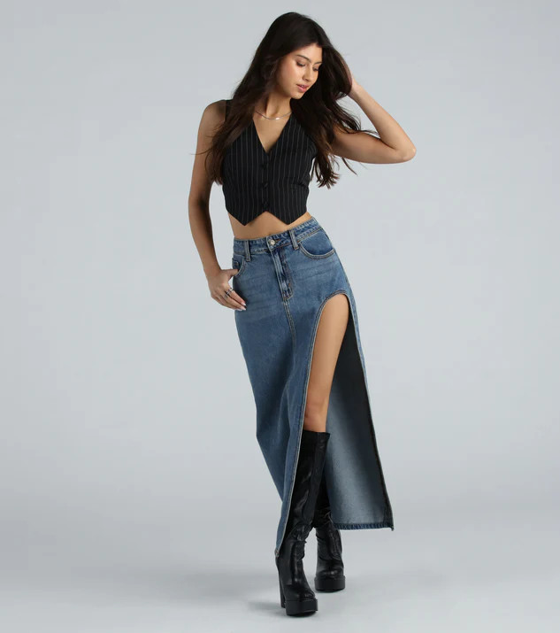 Sound The Alarm High Slit Denim Maxi Skirt | Windsor Stores