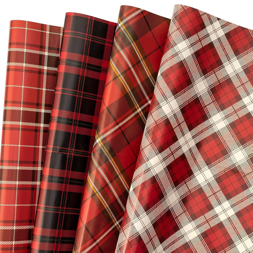 LeZakaa Christmas Red Wrapping Paper, 12 Folded Sheet with 4 Different Tartan Plaid Design for Ne... | Amazon (US)