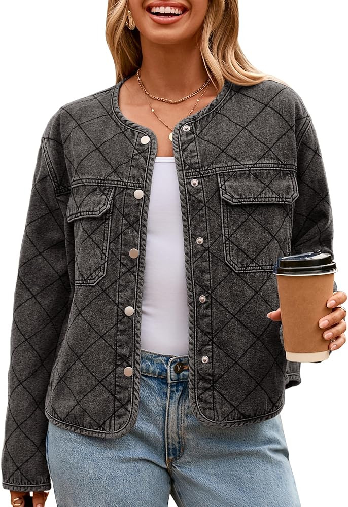 Glamaker Jean Jacket Women Denim Long Sleeve Button Down Diamond Quilted Lightweight Jackets Fall... | Amazon (US)