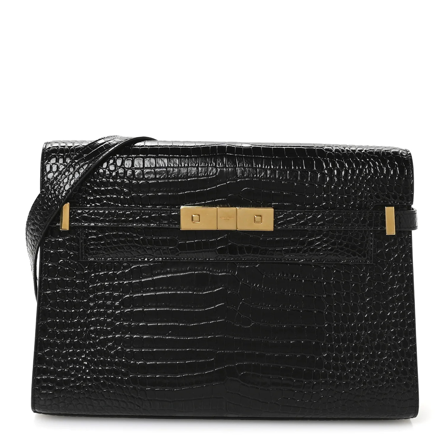 Saint Laurent Shiny Calfskin Crocodile Embossed Manhattan Baguette Black 1727235 | FASHIONPHILE (US)