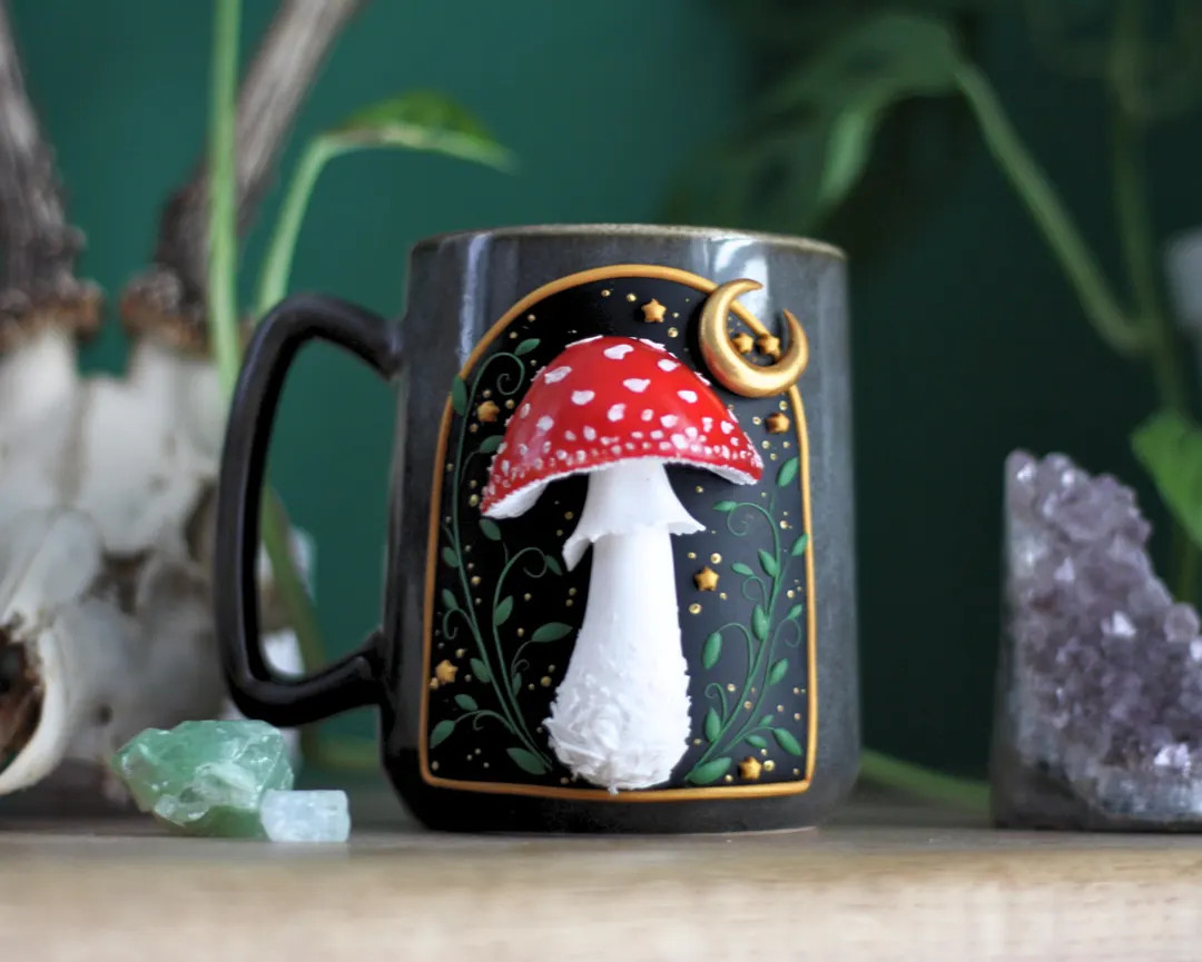 Mushroom mug, handmade mug mushroom lovers gift, cottagecore witchy celestial mug, magic mushroom... | Etsy (US)