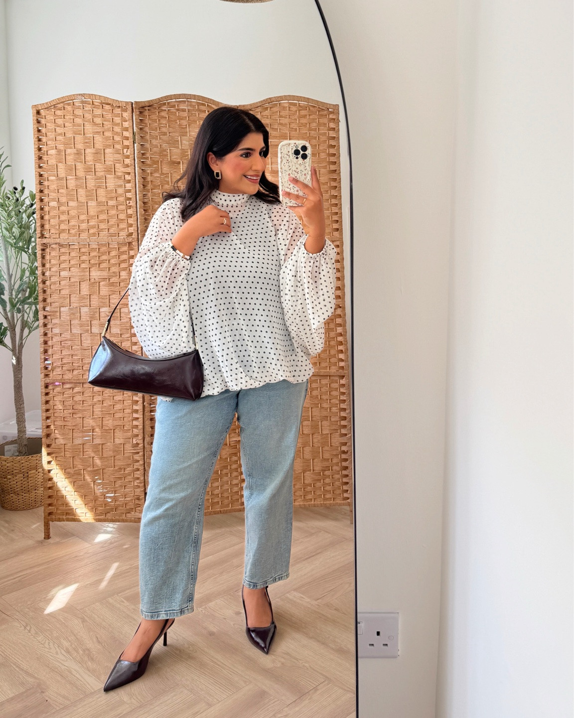 polka dot moment, polka dot blouse, petite jeans, burgundy heels and bag
