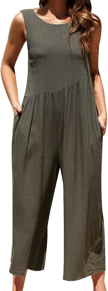 Women's Comfy Chiffon Sleeveless Jumpsuits Tank Top Wide Leg Long Pants Jumpsuit Rompers with Poc... | Amazon (US)