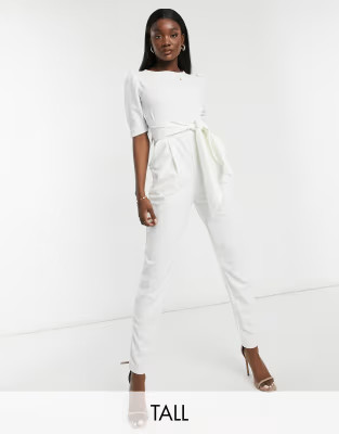 Outrageous Fortune Tall scuba jumpsuit with tie waist in cream | ASOS (Global)
