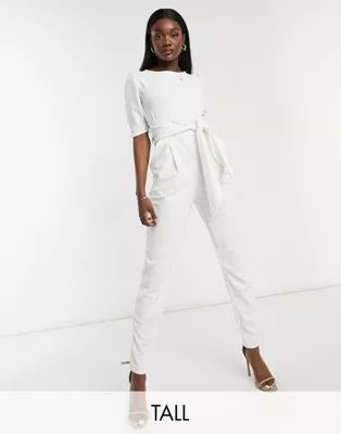 Outrageous Fortune Tall scuba jumpsuit with tie waist in cream | ASOS (Global)