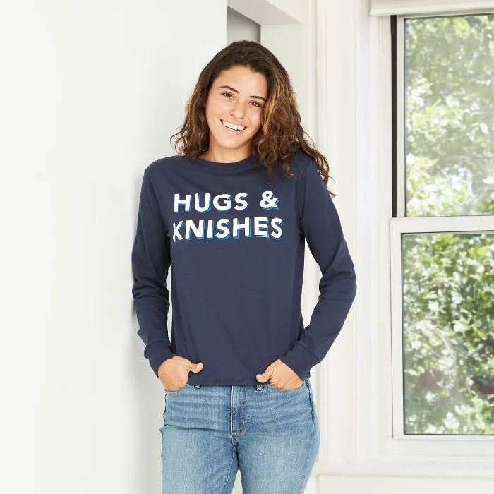 Women's Hugs and Knishes Long Sleeve Graphic T-Shirt - Navy | Target