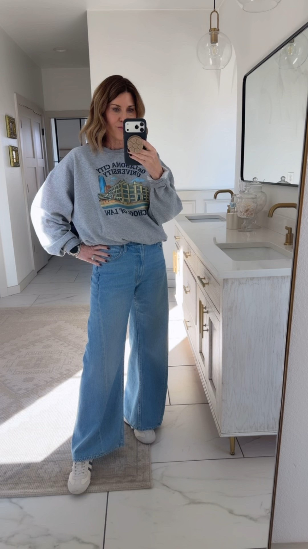Ootd 
Sweatshirt: OCU School of Law 
Lemon Twist jeans size 27
Quince Italian leather sneakers 

#LTKdayinmylife #LTKOver40