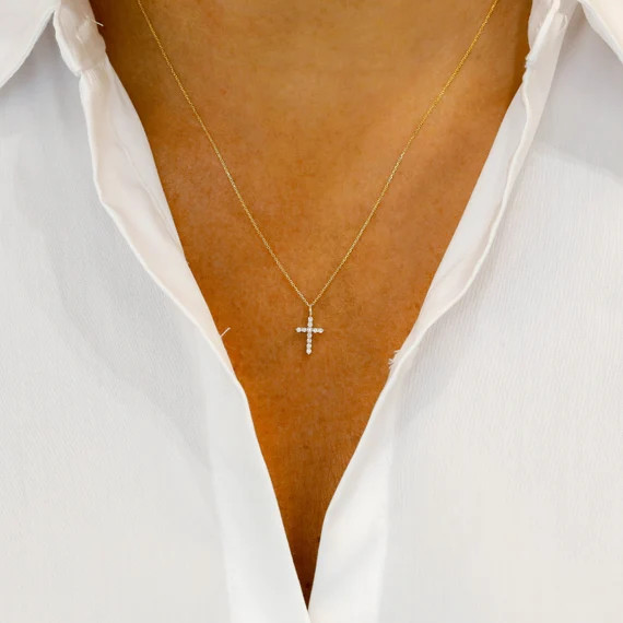 14k Solid Gold Small Natural Diamond Cross Pendant Necklace W/ | Etsy | Etsy (US)