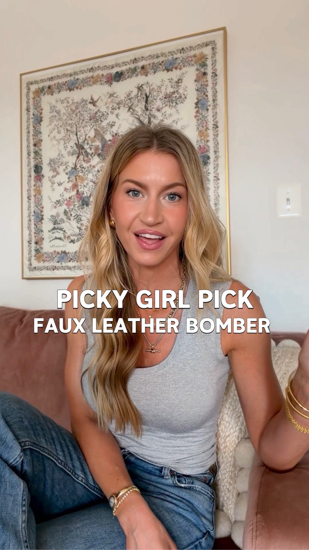 A Picky Girl Faux Leather Bomber - absolutely incredible and these shades won’t last long. ON SALE right now! Size up - runs quite small. Im wearing a Med. 

Favorite shades:
Moss Brown
Muted Navy
Grey Brown
Espresso 

Grey tank: TTS, wearing XS long length
Jeans: run small, size up, wearing 26

#LTKgrwm #LTKootd #LTKSaleAlert