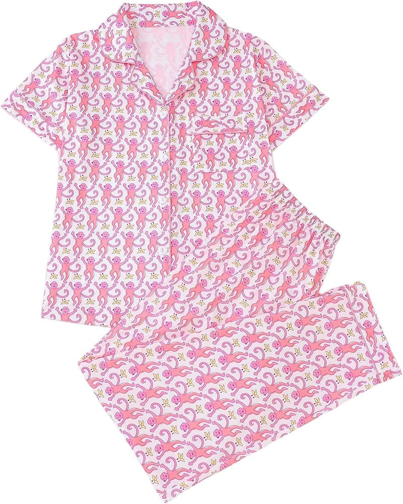 WDIRARA Women's 2 Piece Monkey Print Pajama Set Button Down Short Sleeve Tops and pants Sets Slee... | Amazon (US)