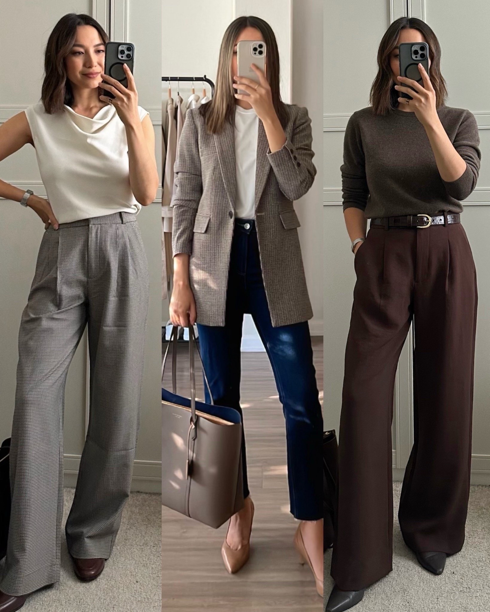 Business casual office outfits styling brown 

• Abercrombie tailored pants 25 reg -
• Old plaid blazer - found similar from mango
• Quince cashmere sweater - small 
• Tory Burch tote 

Work outfit / business casual / office outfits 

#LTKWorkwear #LTKootd