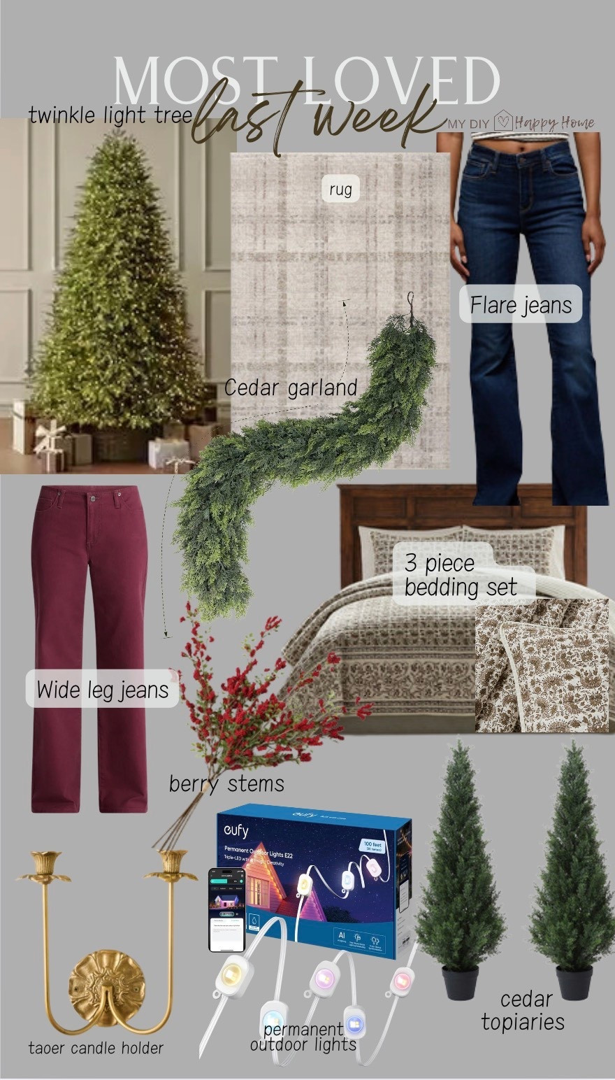 Most loved and best sellers from last week:

•viral twinkle light tree
•9 ft cedar garland 
•neutral plaid rug 
•flare leg jeans 
•maroon wide leg jeans 
•berry stems bundle 
•block print quilt set 
•cedar topiaries 
•permanent outdoor lights 
•vintage look taper candle holder 

#LTKHoliday #LTKHome #LTKSeasonal