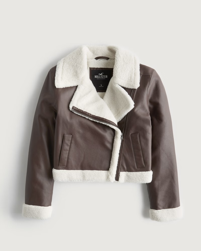 Girls Crop Sherpa-Lined Faux Leather Biker Jacket from Hollister | Hollister (US)