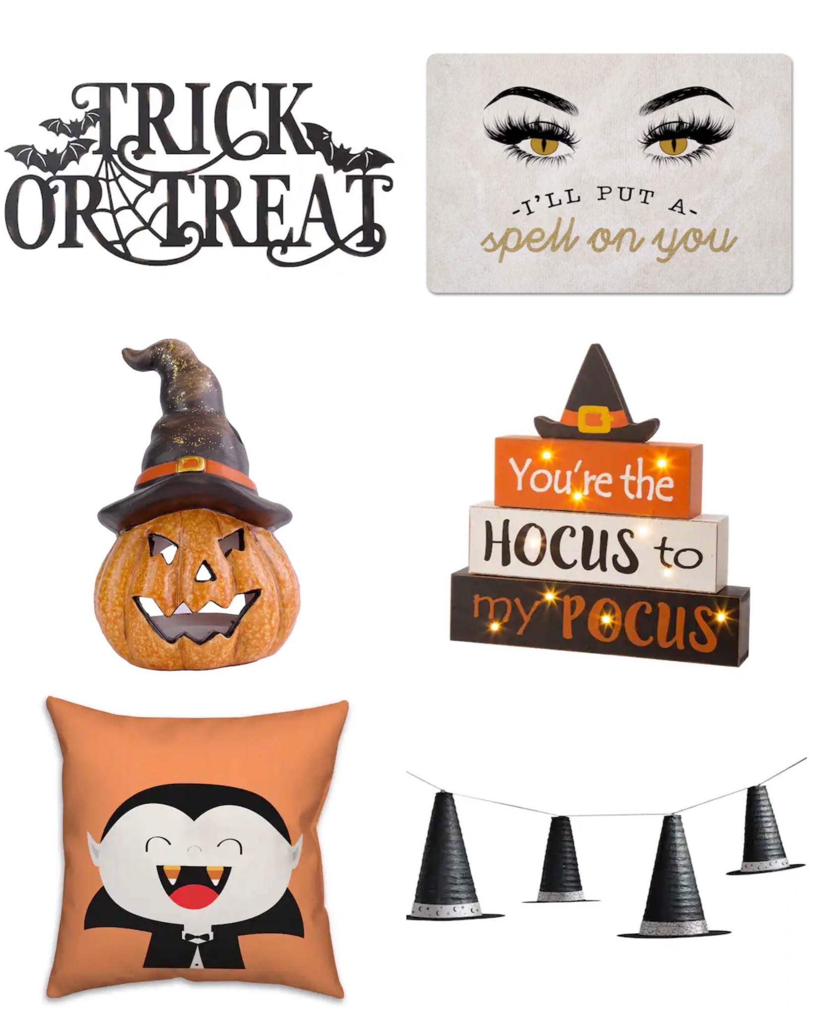 I still think this Halloween home decorating is so cute. Doormat, wooden table top sign, throw pillow, candle holder, wall sign, which hat garland. More options linked below 

#LTKunder100 #LTKHalloween #LTKhome