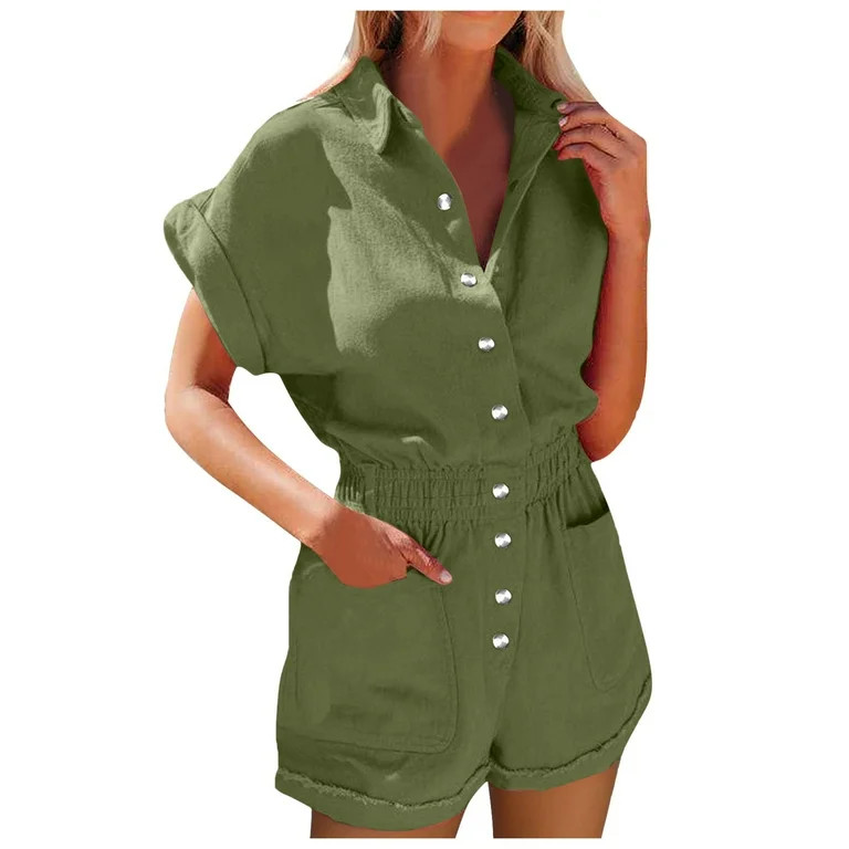 Womens Linen Shorts,Women Solid Lapel Short Sleeve Single Pocket Straight Shorts Romper,Womens Bo... | Walmart (US)