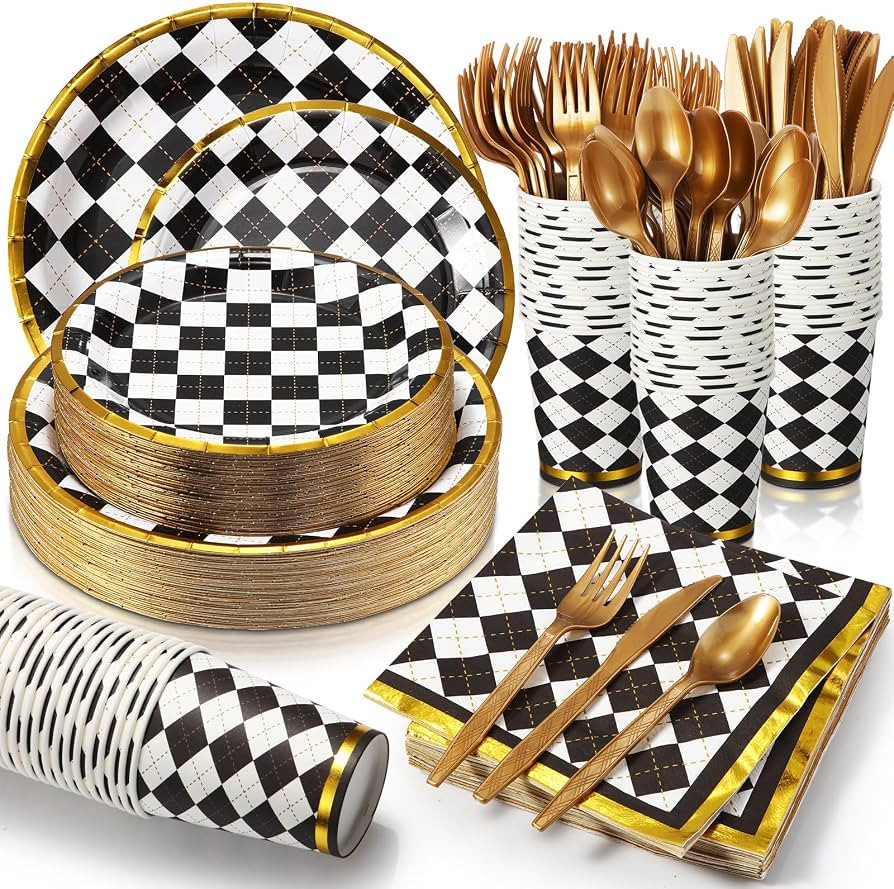 Tioncy 200 Pcs Black and White Checkered Party Supplies Serve 25 Disposable Tableware Set Checker... | Amazon (US)