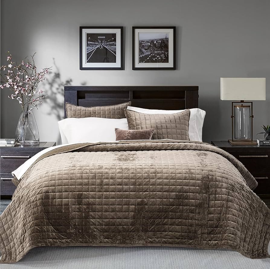 RECYCO Channel Box Stitch Velvet Quilt Set, King Size, Mocha Brown | Amazon (US)