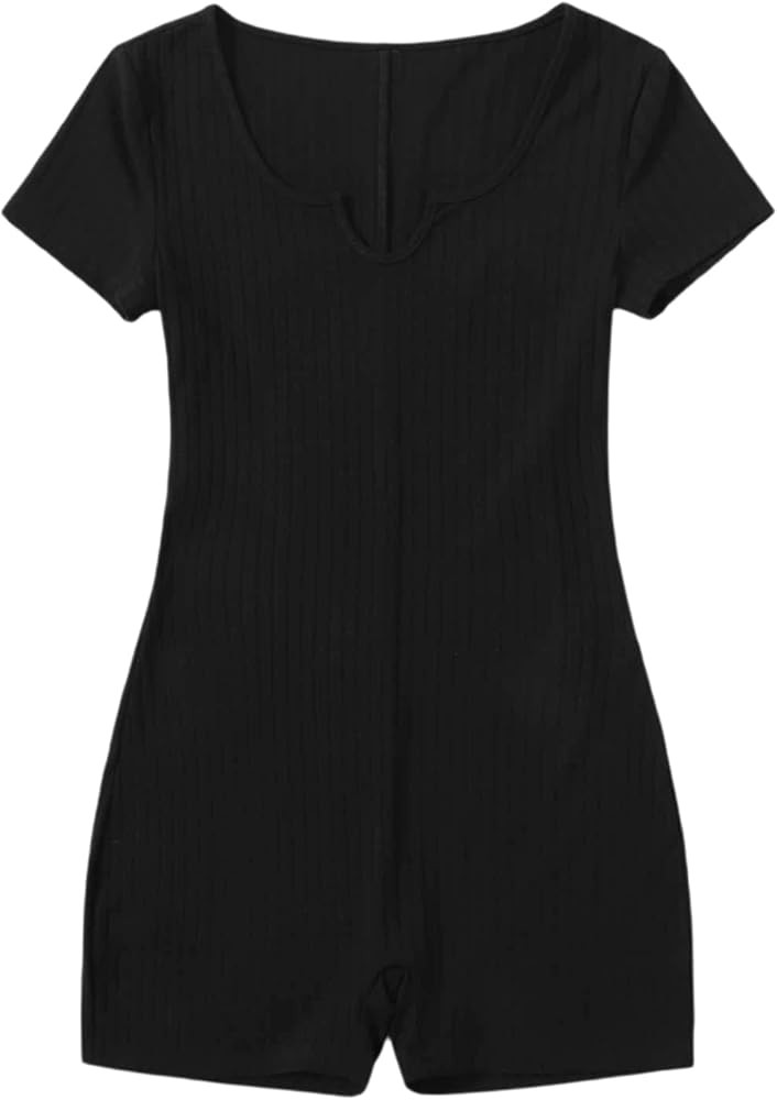 SOLY HUX Women's Ribbed Knit Notched Neck Short Sleeve Romper Skinny Short Jumpsuit | Amazon (US)