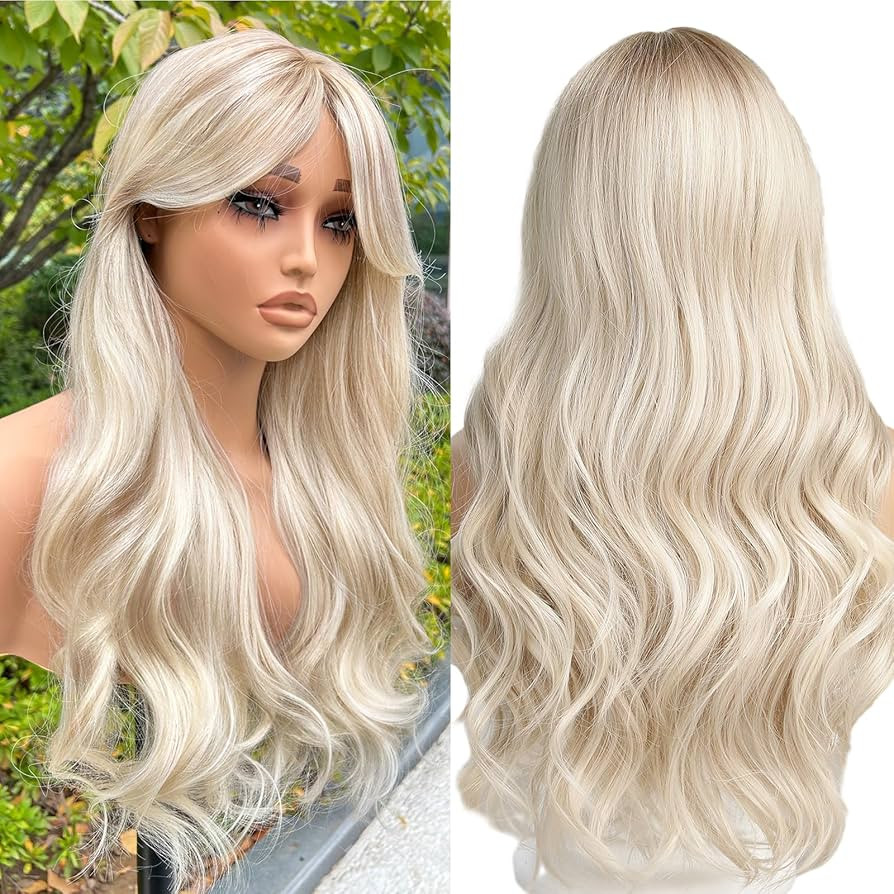 WOKESTAR Long White Blonde Wigs for Women Synthetic Hair Wig with Curtain Fringe | Amazon (UK)