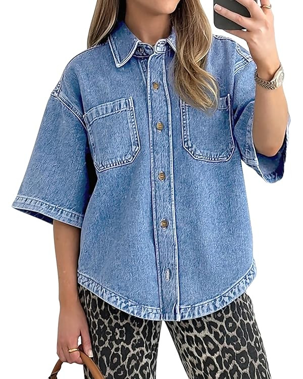 POTILI Women's Denim Shirt, Button Down Short Sleeve Jean Shirts Casual Top Outfits Trendy | Amazon (US)