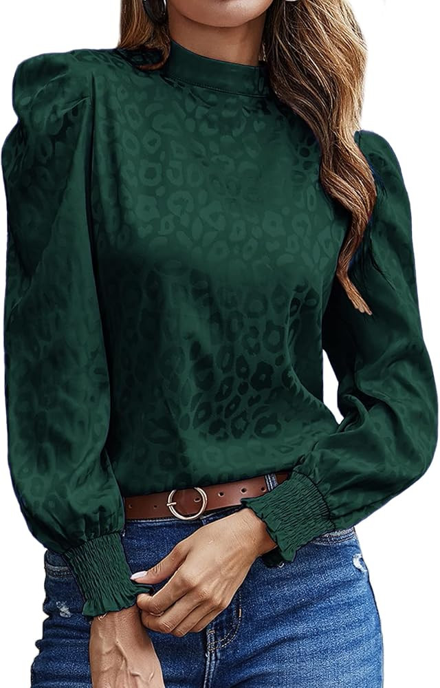 LYANER Women's Satin Mock Neck Puff Long Sleeve Keyhole Work Blouse Top | Amazon (US)