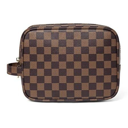 Daisy Rose Luxury Checkered Make Up Bag PU Vegan Leather Cosmetic toiletry Travel bag (Brown) | Walmart (US)