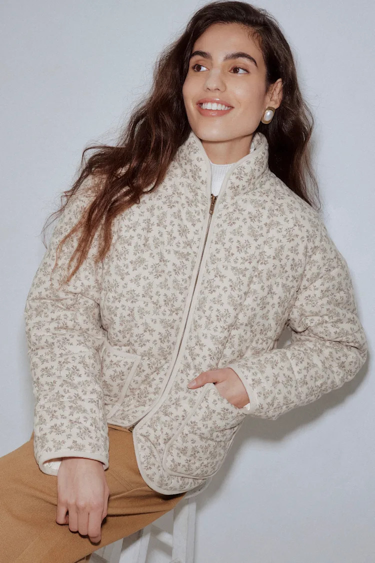 Bundled Perfection Light Beige Floral Quilted Puffer Jacket | Lulus