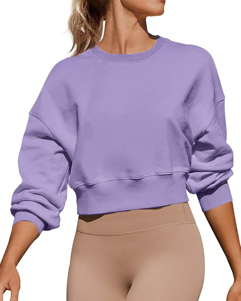 Women's Long Sleeve Round Neck Cropped Sweatshirts Cute Loose Fit Pullover Tops | Amazon (US)