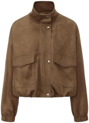 EXLURA Womens Fall Faux Suede Bomber Jacket Oversized Cropped Coat Long Sleeve Stand Collar Zip U... | Amazon (US)