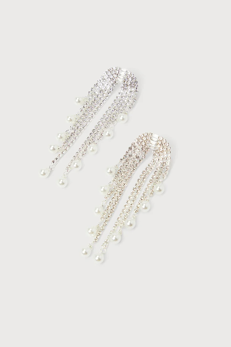 Glamorous Dreams Silver Rhinestone Pearl Fringe Earrings | Lulus (US)
