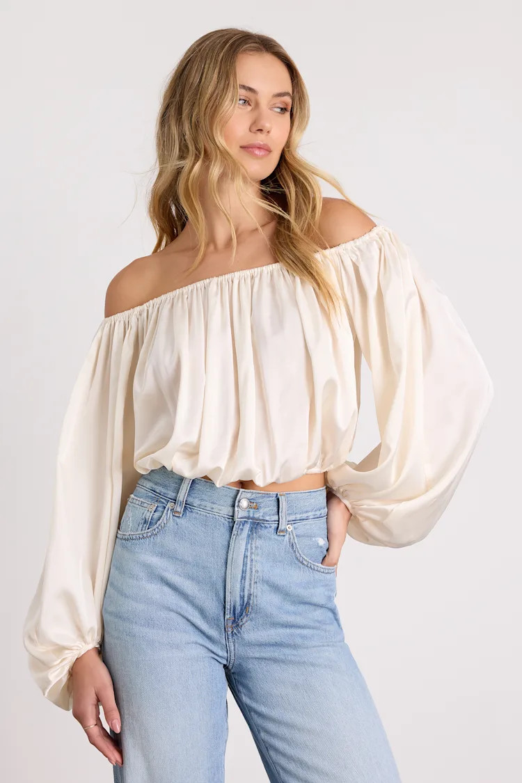 Jordana Ivory Satin Off-the-Shoulder Crop Top | Lulus