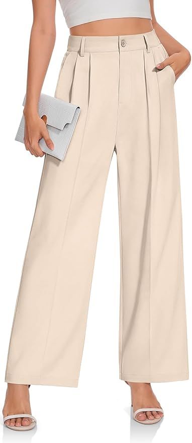 TARSE Womens Business Casual Dress Pants Wide Leg Work Trousers Palazzo Flowy High Elastic Waiste... | Amazon (US)