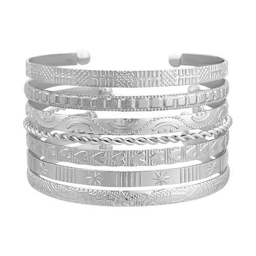 FUNOJOY Silver Bangle Bracelets Set for Women, Multi Layer Stackable Cuff Bracelets, Boho Open Adjustable Bangle Jewelry Gift for Her | Amazon (US)