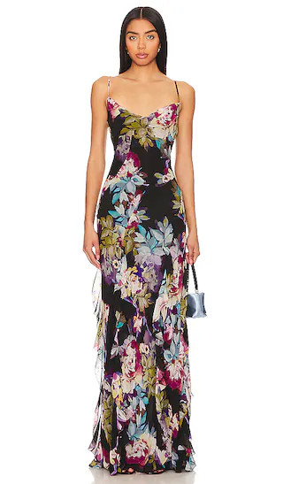 Kamila Ruffle Cowl Gown in Antique Floral Black | Revolve Clothing (Global)