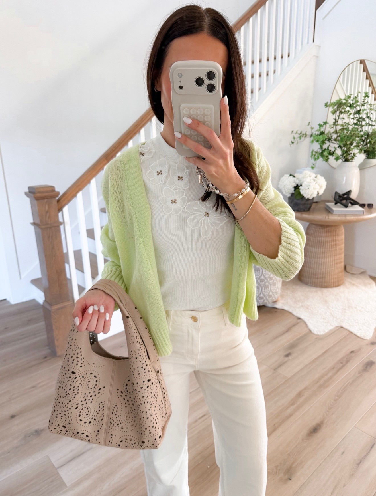 this outfit feels like spring in the best way. the soft green cardi adds the perfect pop without being too much. paired with a feminine embroidered tee and crisp white denim, it’s clean, elevated, and easy to recreate. love this for everyday errands, lunch, or travel days when you still want to look put together

spring outfit, light layers, green cardigan, white denim, everyday style, effortless looks, annabrstyle 

#LTKMothersDay #LTKSeasonal #LTKootd
