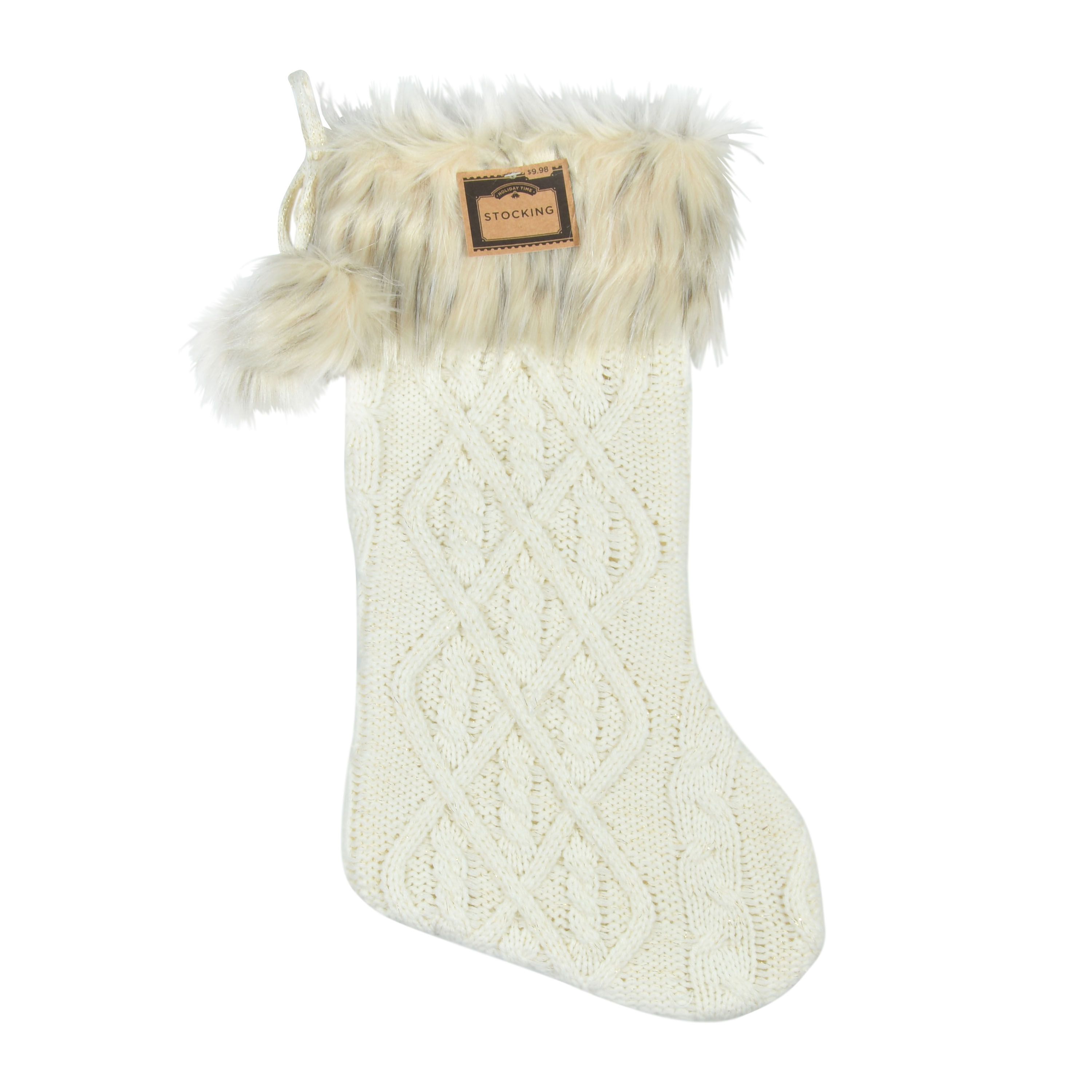 Holiday Time Cream Classic Cable Knit with Faux Leopard Fur Cuff 20" Stocking - Walmart.com | Walmart (US)