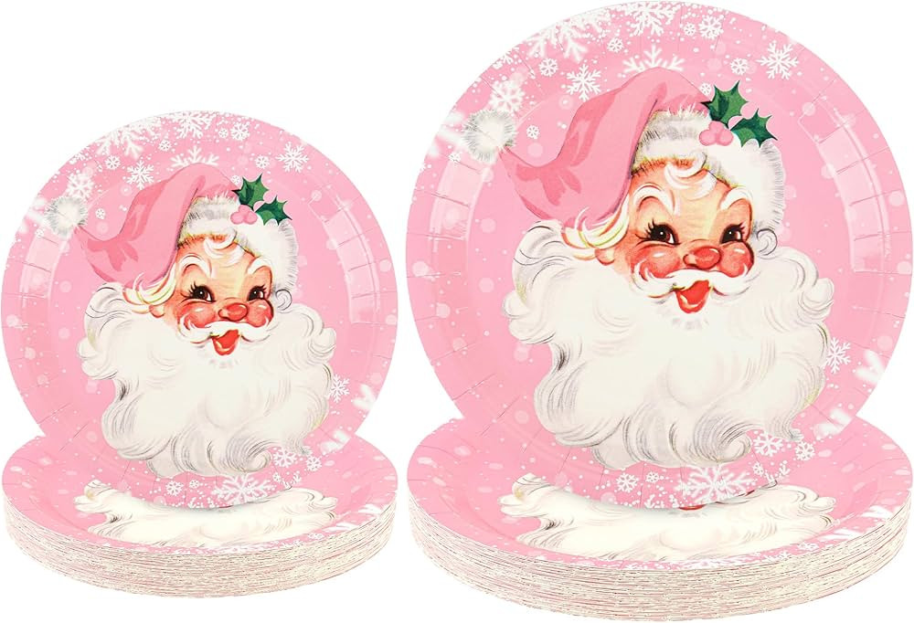 48Pcs Pink Christmas Party Plates Santa Claus Disposable Paper Plates Merry Christmas Snowflake 9... | Amazon (US)