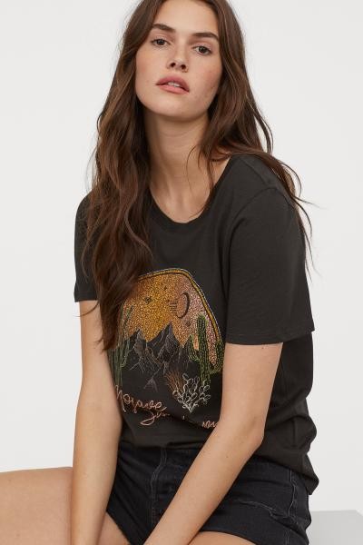 T-shirt with a motif - Black/Mojave Sundown - Ladies | H&M US | H&M (US + CA)