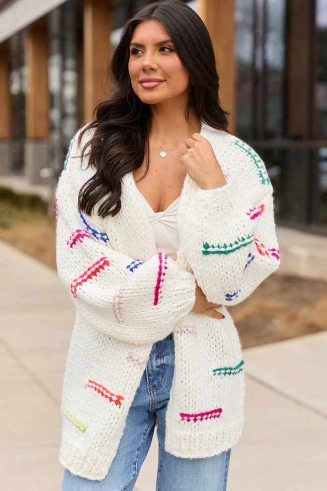 Janet Ivory And Multicolor Chunky Knit Open Cardigan | Pink Lily