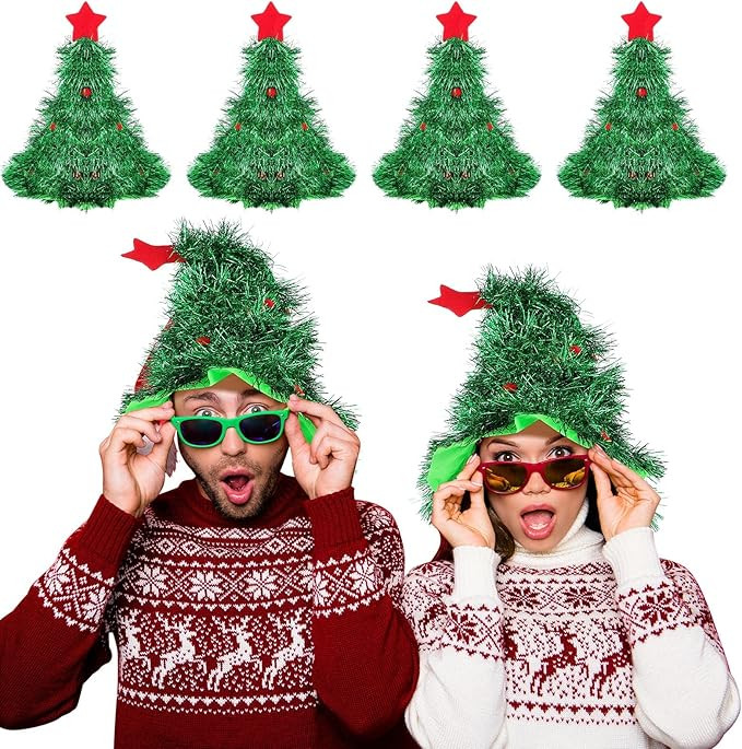 4 Pieces Christmas Tree Hat Fun Santa Hat Tree Shape Decorated with Star Topper and Pom Poms Gree... | Amazon (US)