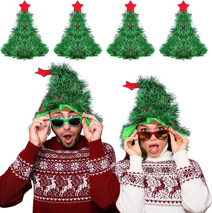 4 Pieces Christmas Tree Hat Fun Santa Hat Tree Shape Decorated with Star Topper and Pom Poms Gree... | Amazon (US)
