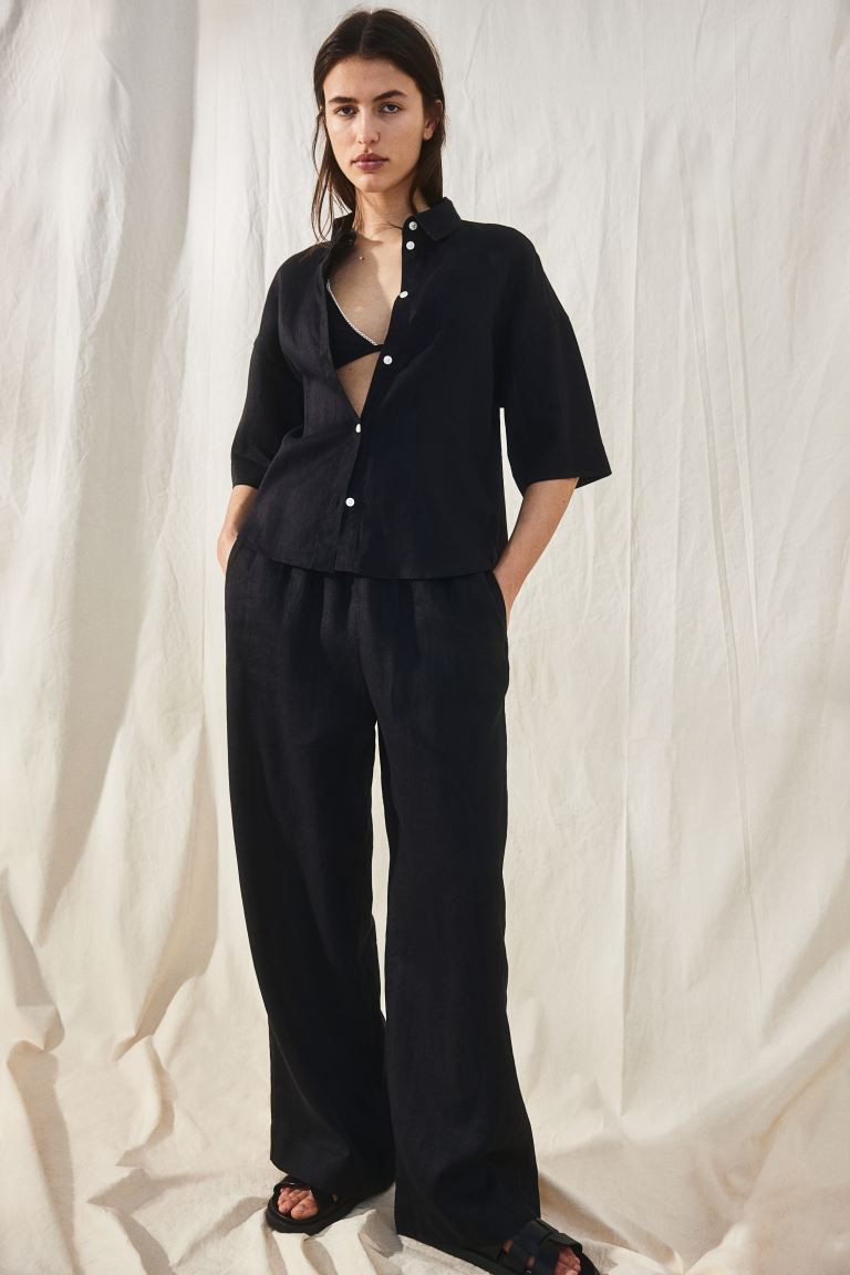 Wide linen trousers - Black - Ladies | H&M GB | H&M (UK, MY, IN, SG, PH, TW, HK)