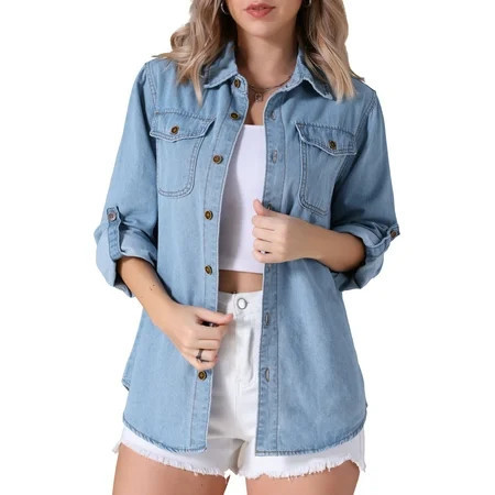Unique Bargains Women s Denim Shirt Long Sleeve Jean Jackets Casual XL Light Blue | Walmart (US)