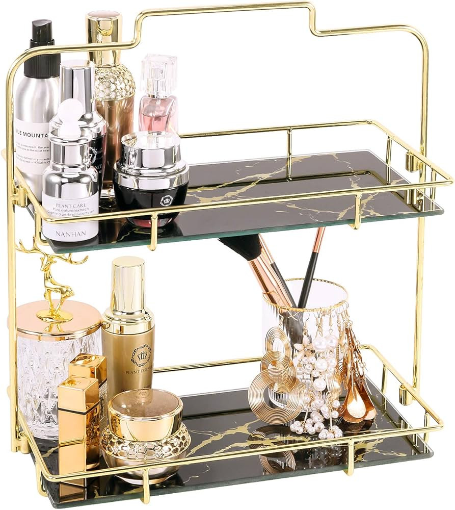 Simmer Stone Makeup Organizer Shelf, 2 Tier Cosmetic Storage Basket with Removable Glass Tray, Wi... | Amazon (UK)
