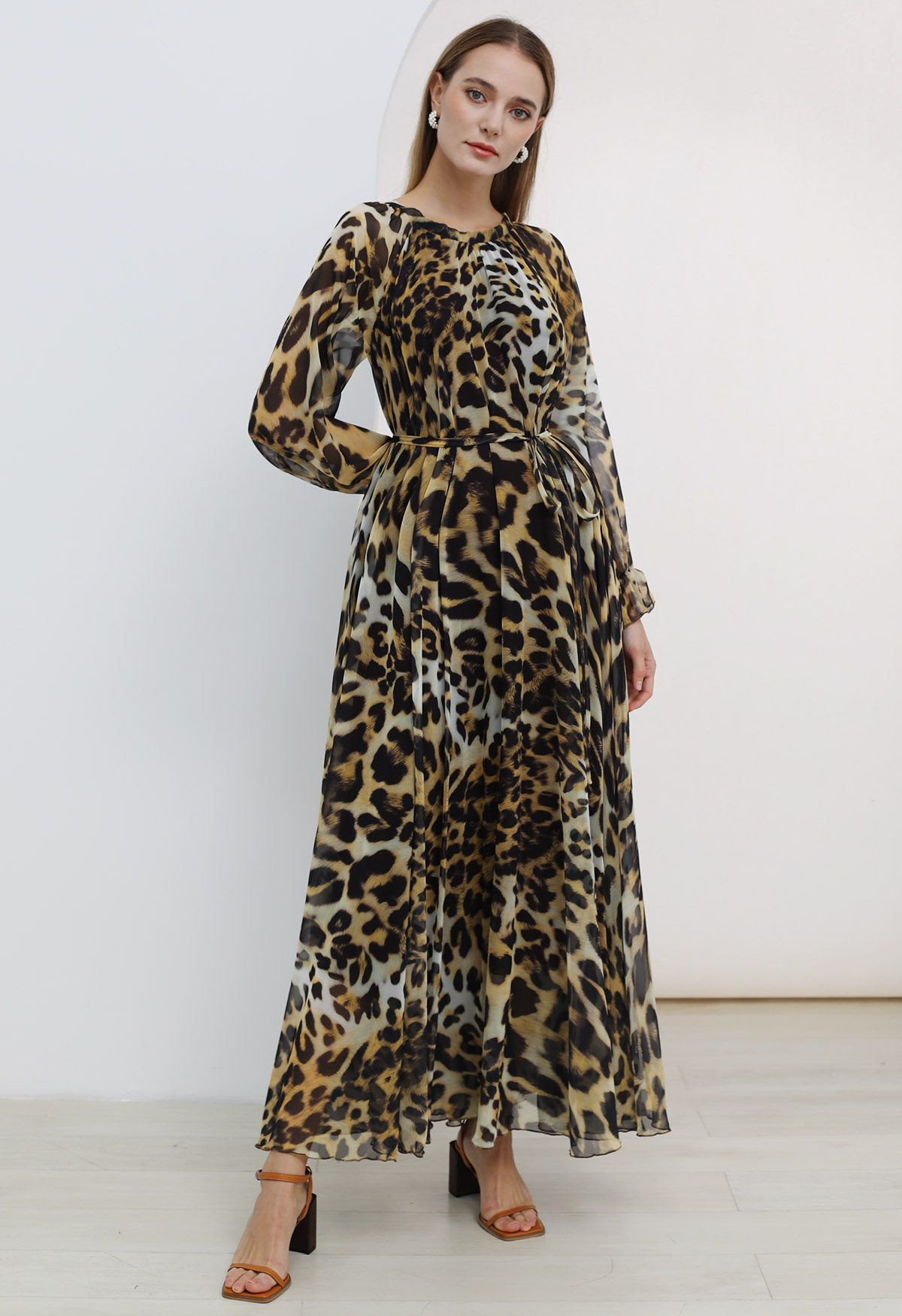 Alluring Animal Print Long-Sleeve Chiffon Maxi Dress | Chicwish