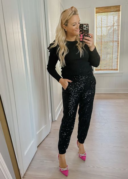 Sequin party pants reporting for holiday duty! Loving these from loft. They run small. If in between sizes, size up. I’m in a size small in joggers and sweater  

#LTKunder100 #LTKHoliday #LTKstyletip